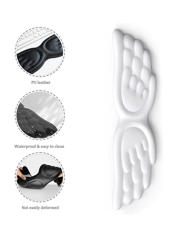 Angel-Wing wrist rest feature diagram highlighting PU leather, memory foam cushioning, and anti-slip base