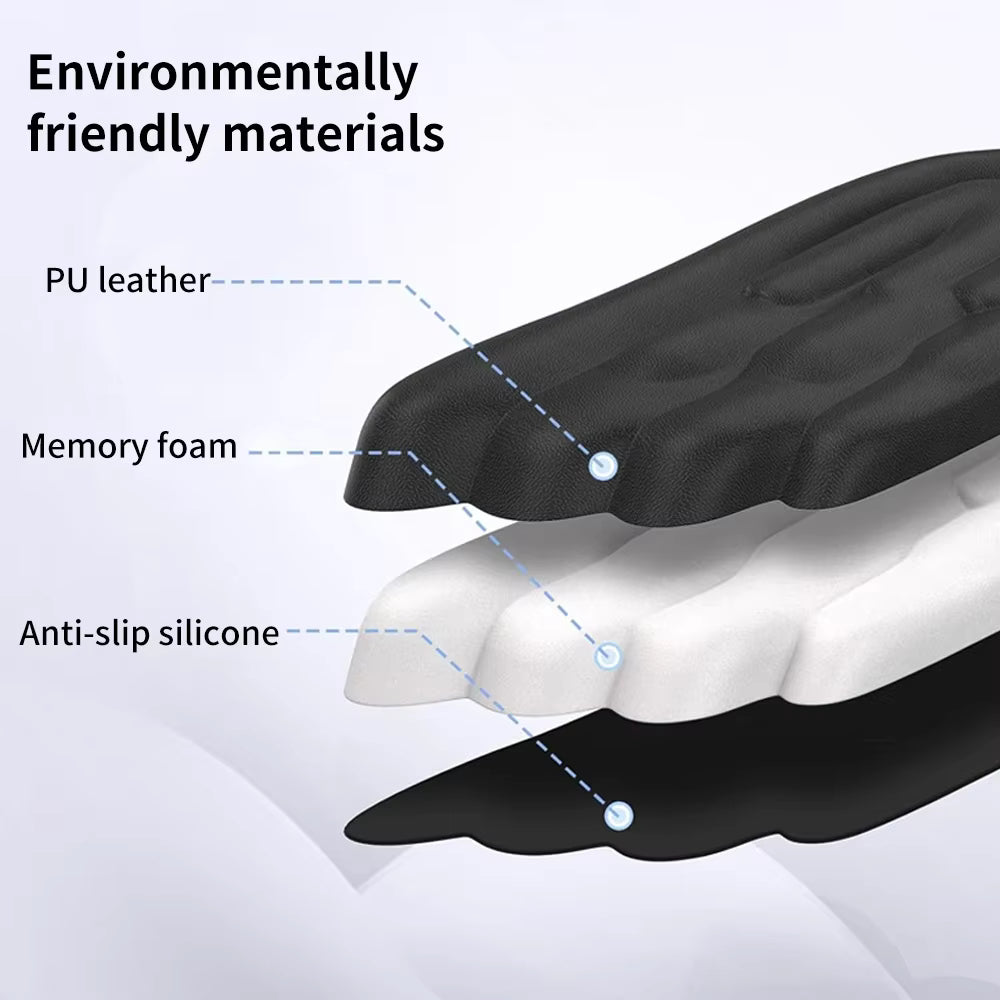 Angel-Wing wrist rest feature diagram highlighting PU leather, memory foam core, and anti-slip silicone backing